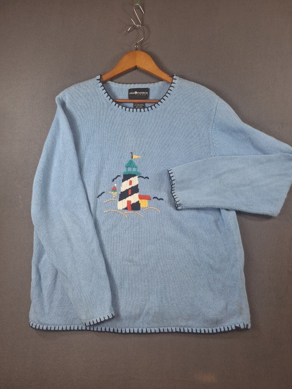 Lighthouse Sweater Sag Harbor Sport Knit Sweater Womens Sz XL Blue Pullover VTG